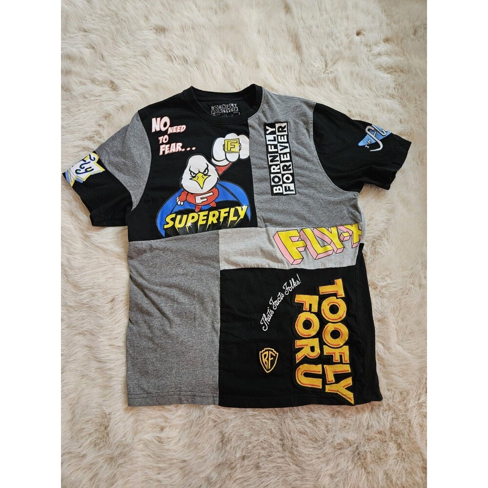 Born Fly Forever Superfly Mighty Fly Graphic T Shirt Mens XL PatchworkEmbroider